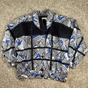 Vintage 80s Abstract Geometric Ribbon Grid Bomber Jacket Blue Black White Womens